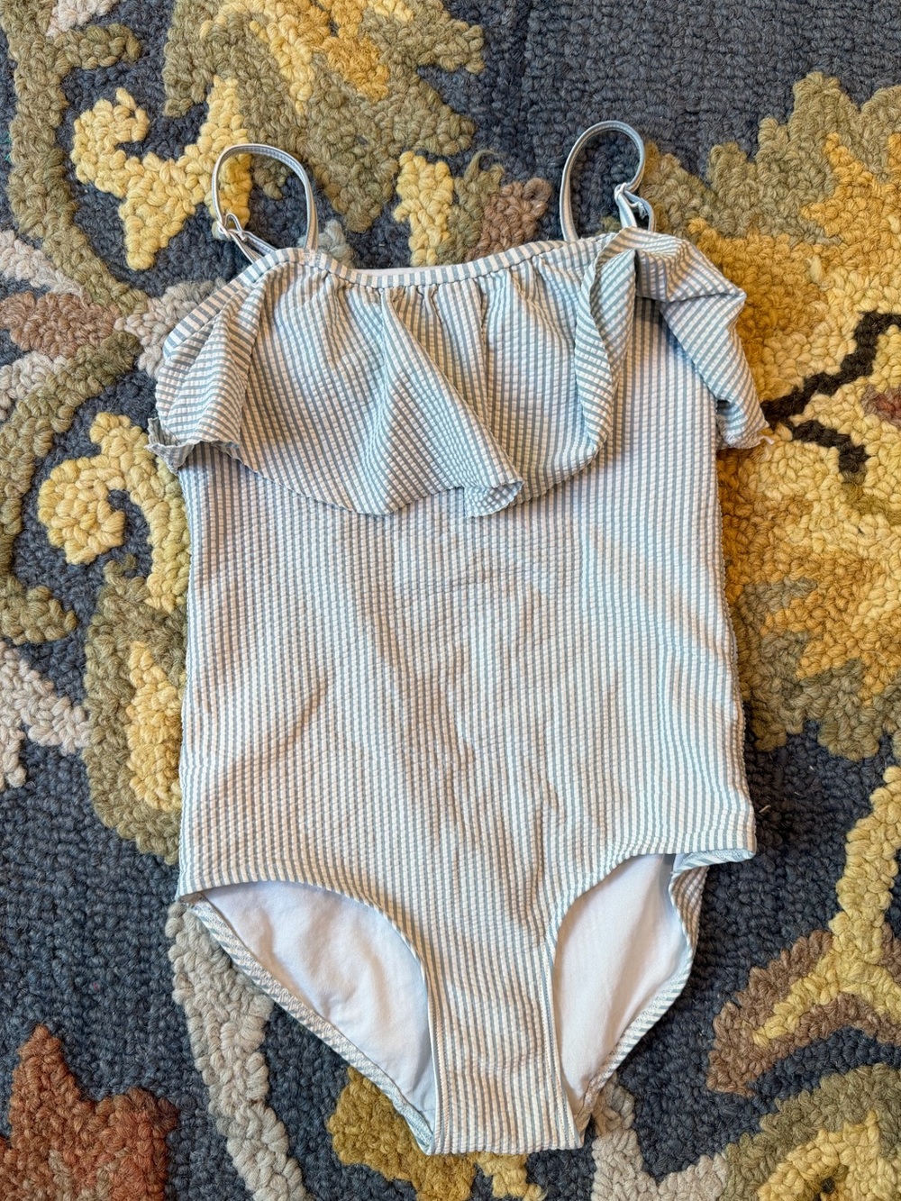 H&M Blue and White Striped Ruffle One-Piece Swimsuit Girls Size 8/10